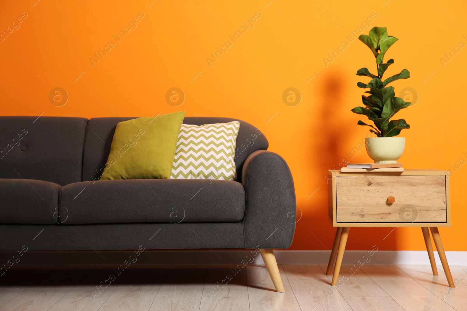 Photo of Stylish sofa with cushions, plant and books on side table near orange wall