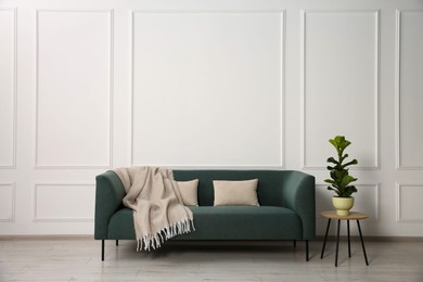 Photo of Stylish sofa with cushions, blanket and plant on side table near white wall