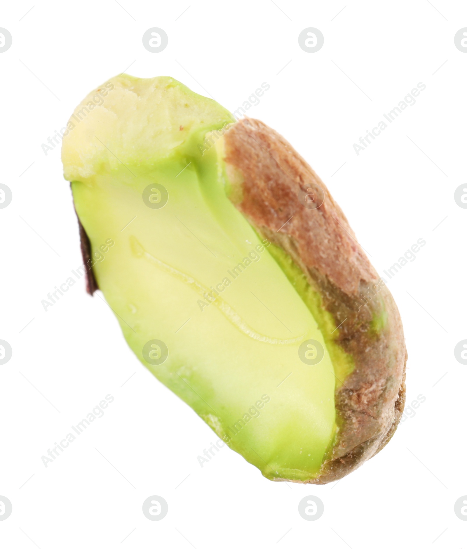 Photo of Half of peeled pistachio nut isolated on white