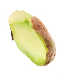 Half of peeled pistachio nut isolated on white