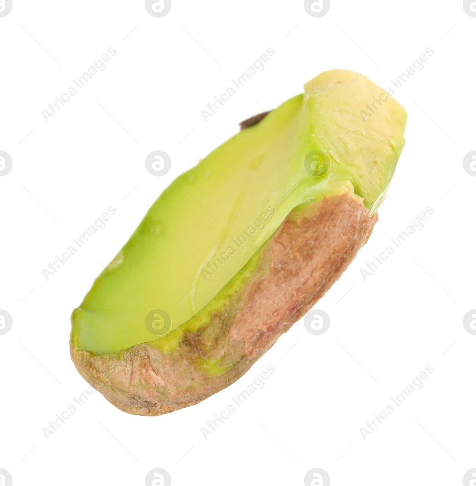 Photo of Half of peeled pistachio nut isolated on white