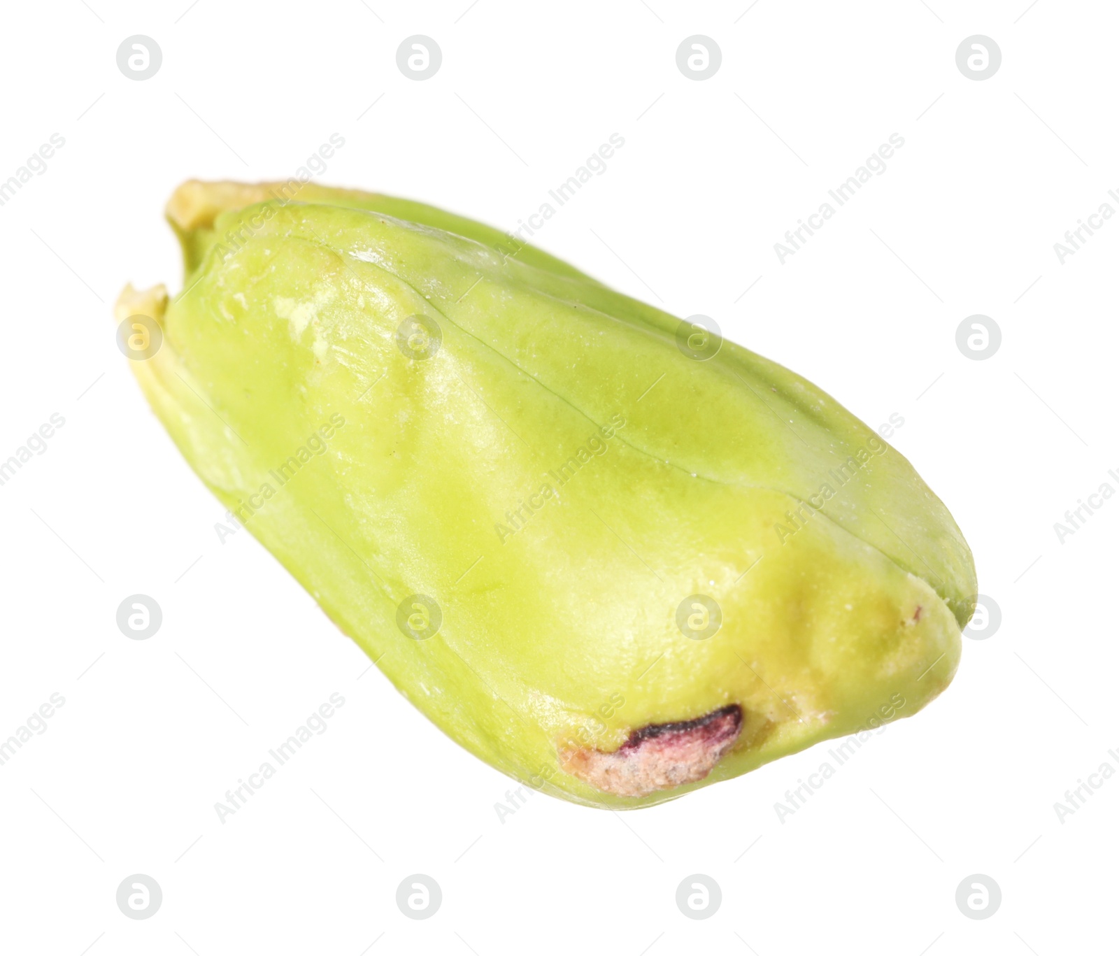 Photo of One peeled pistachio nut isolated on white