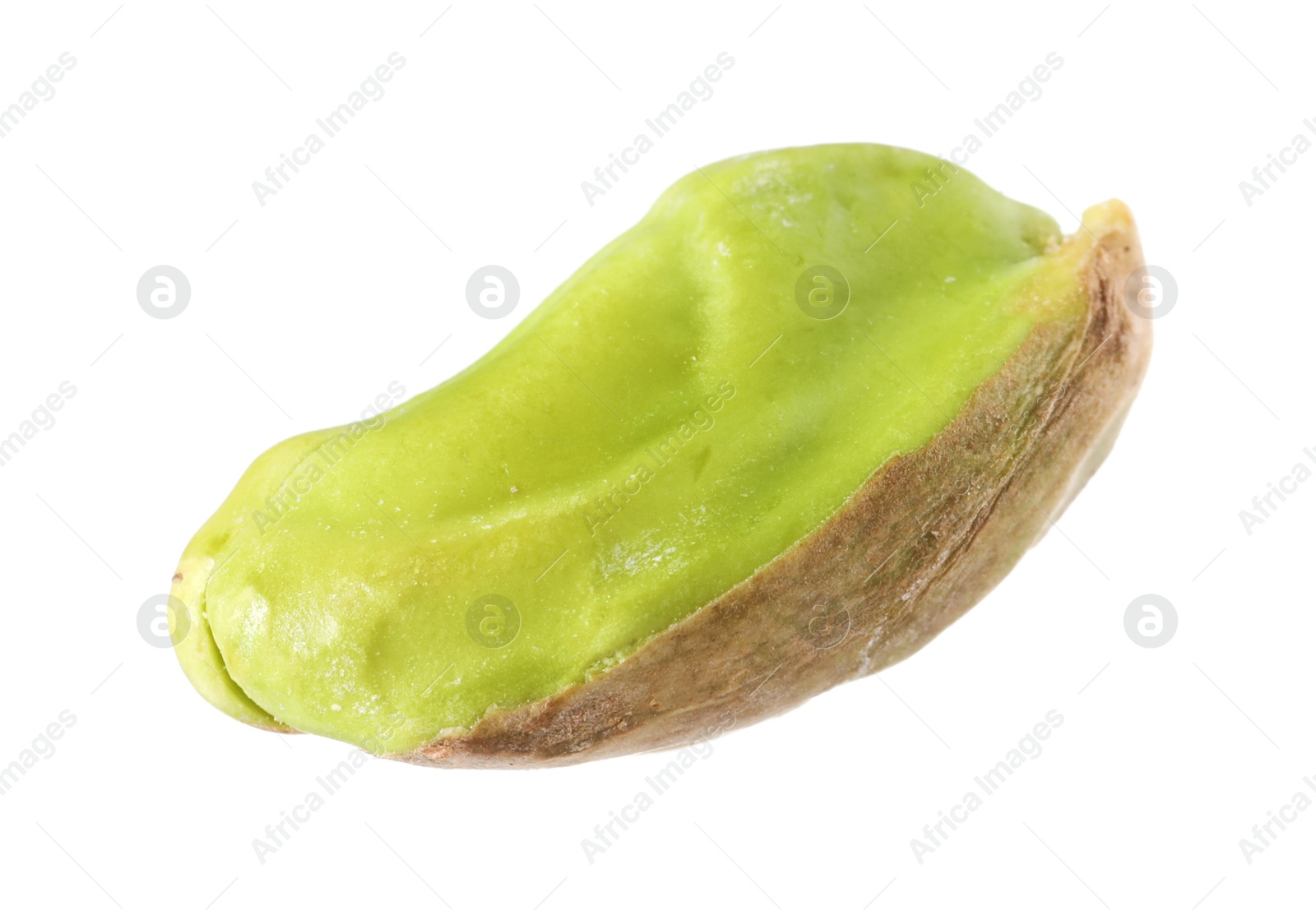 Photo of One peeled pistachio nut isolated on white