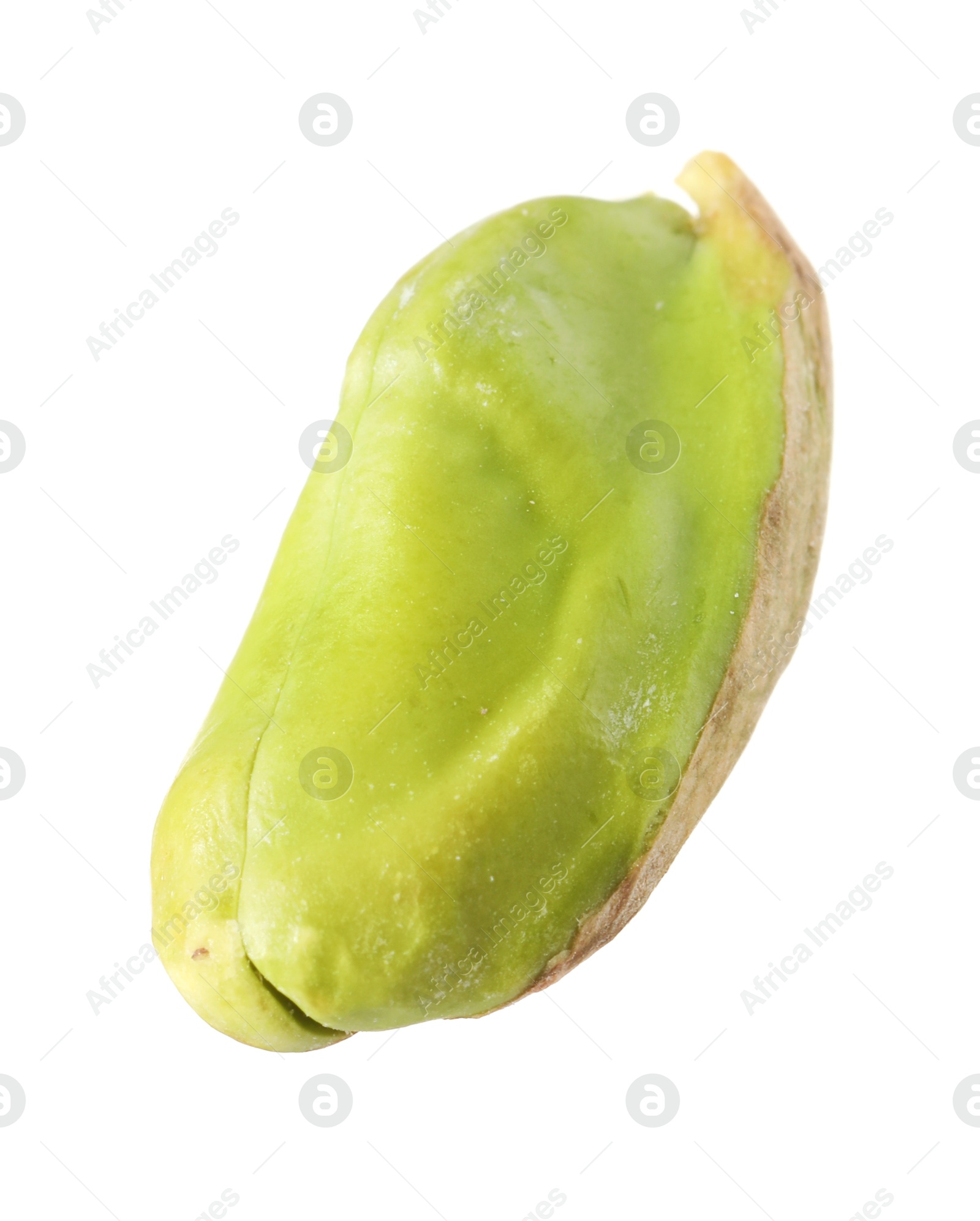 Photo of One peeled pistachio nut isolated on white