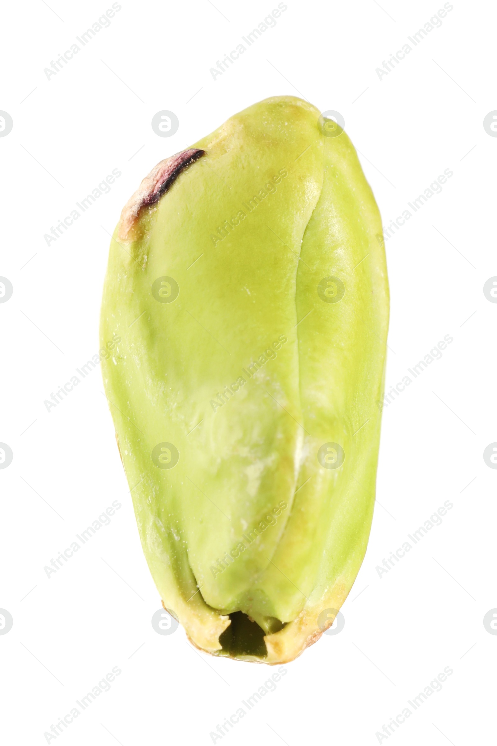 Photo of One peeled pistachio nut isolated on white