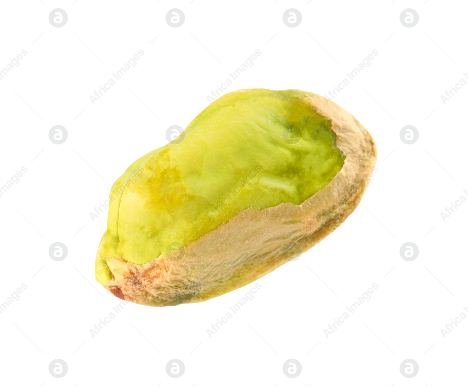 Photo of One peeled pistachio nut isolated on white