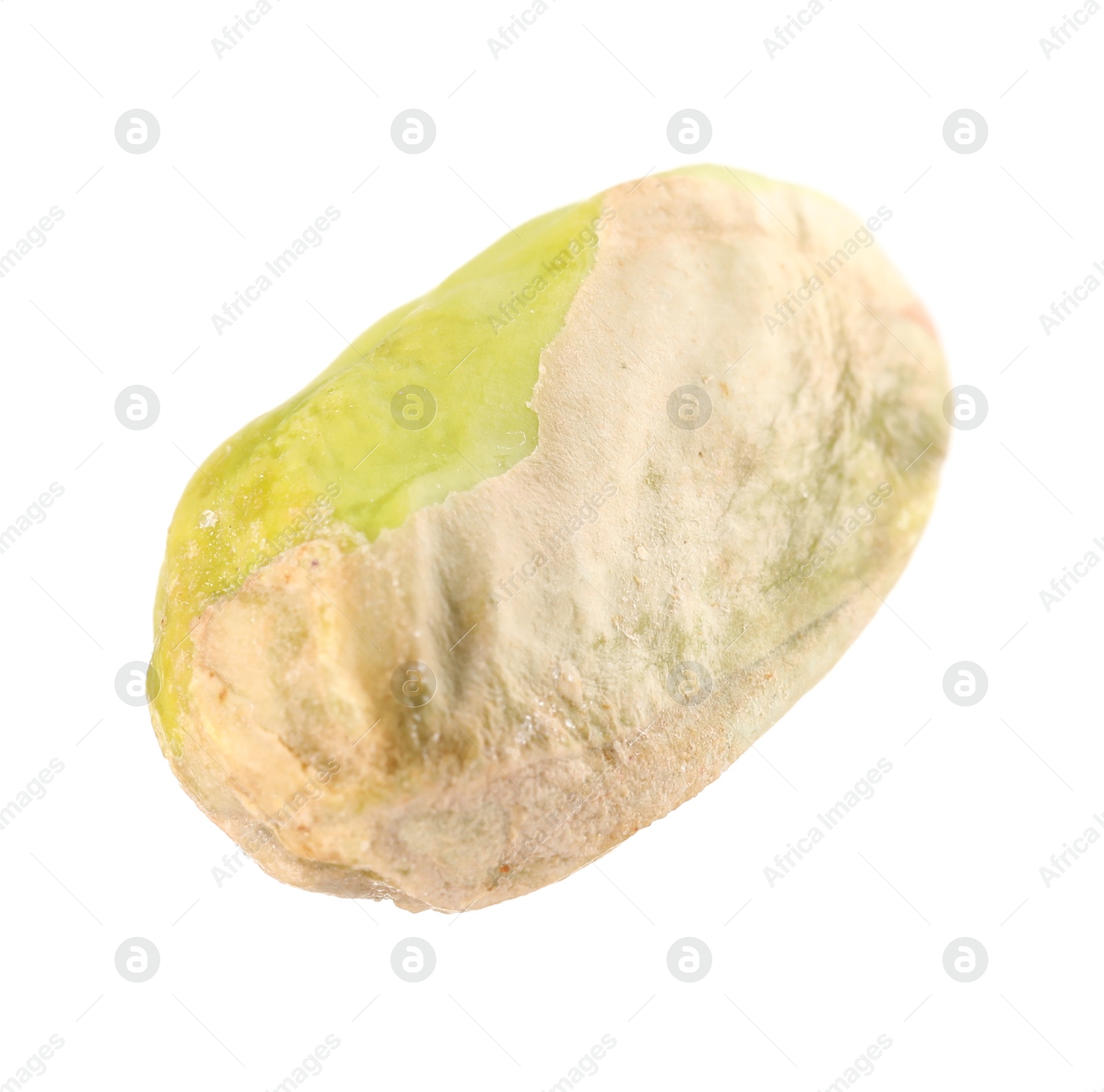 Photo of One peeled pistachio nut isolated on white