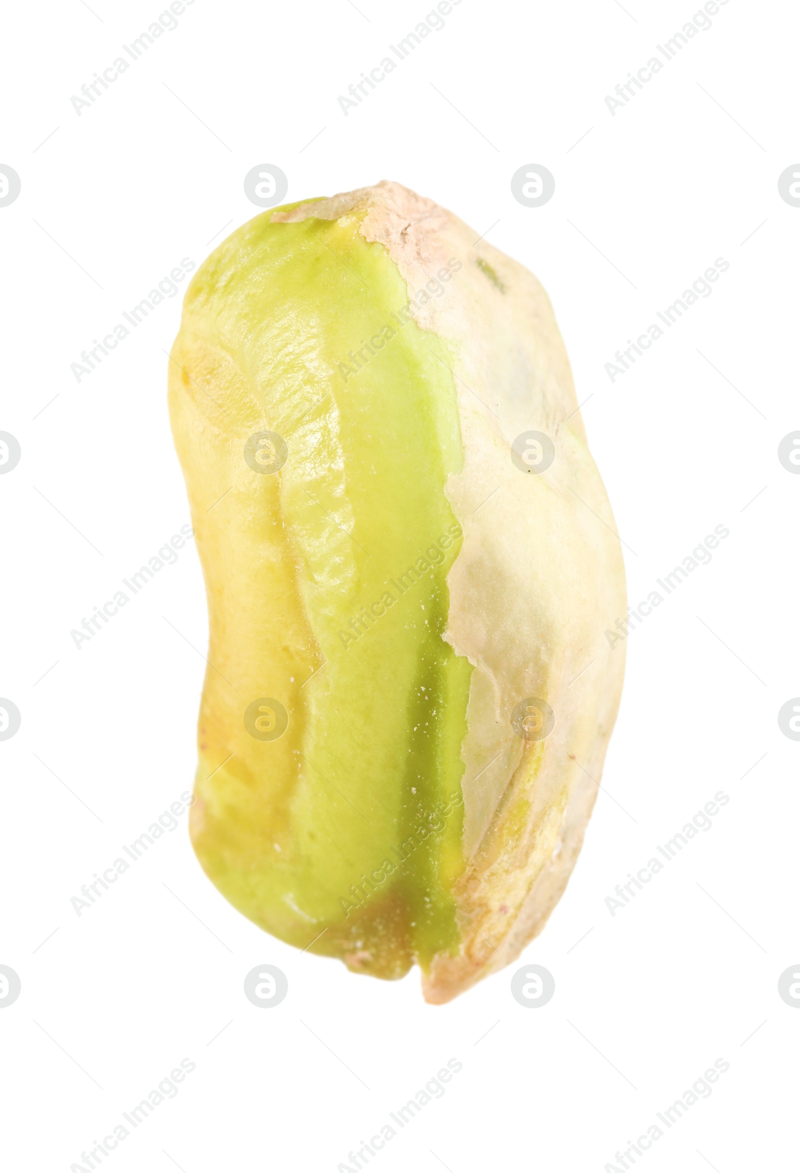 Photo of One peeled pistachio nut isolated on white