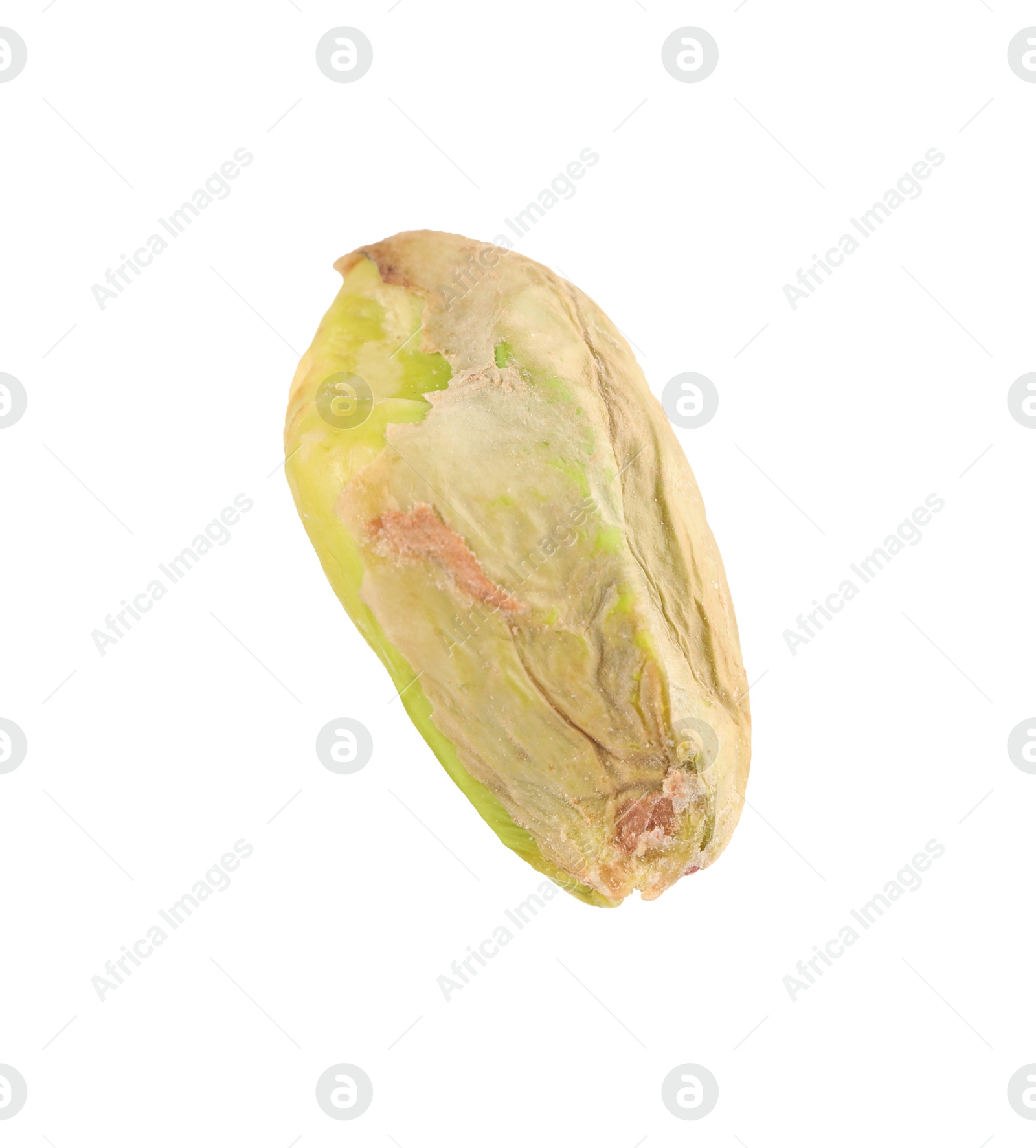 Photo of One peeled pistachio nut isolated on white