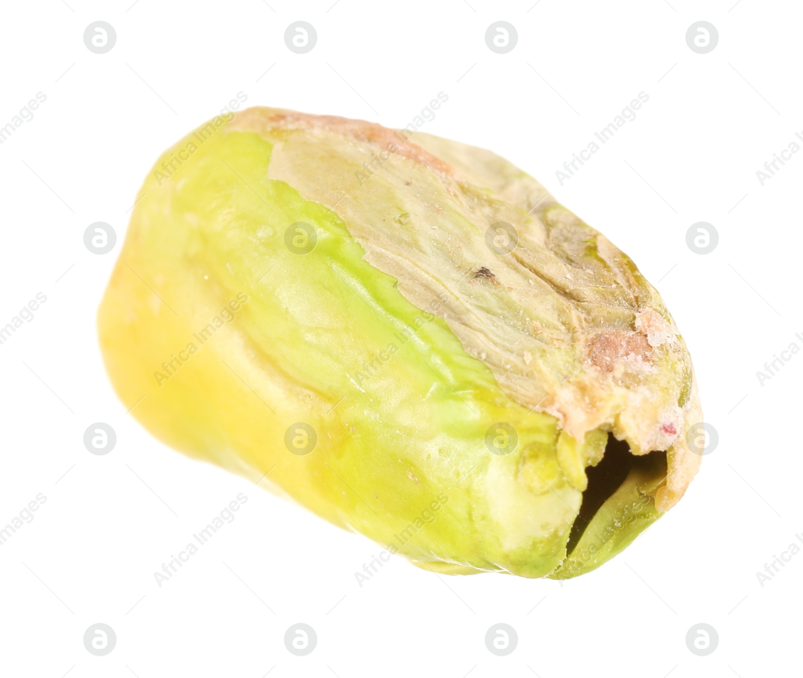 Photo of One peeled pistachio nut isolated on white