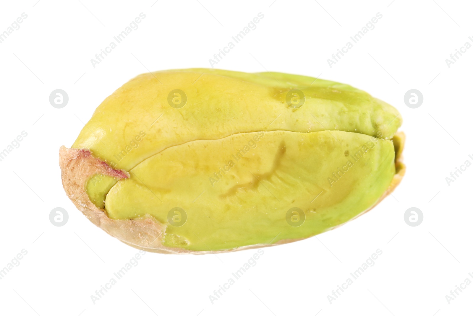 Photo of One peeled pistachio nut isolated on white