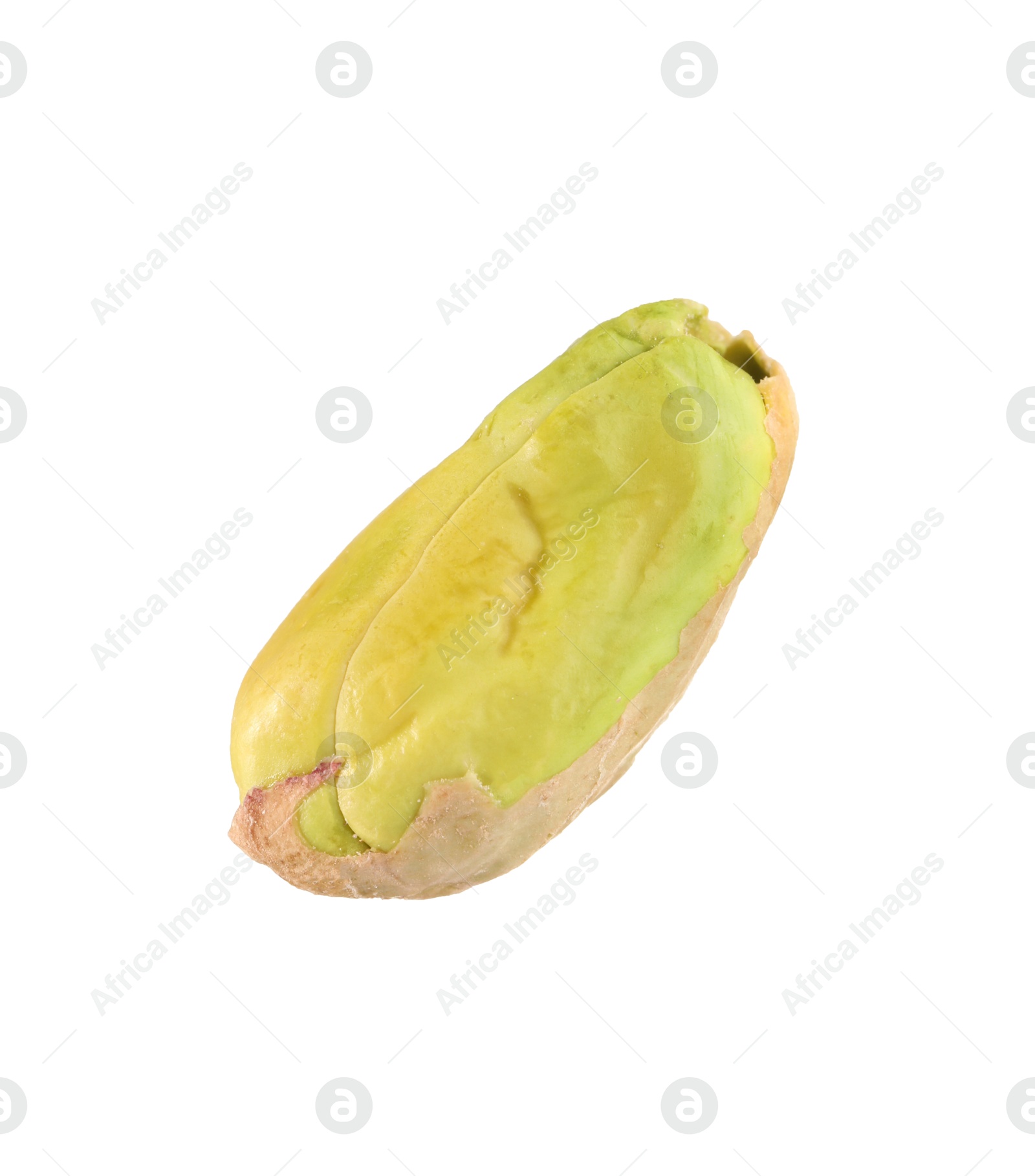 Photo of One peeled pistachio nut isolated on white