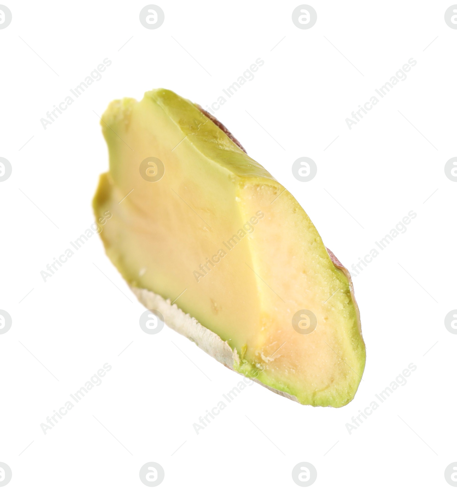 Photo of Half of peeled pistachio nut isolated on white