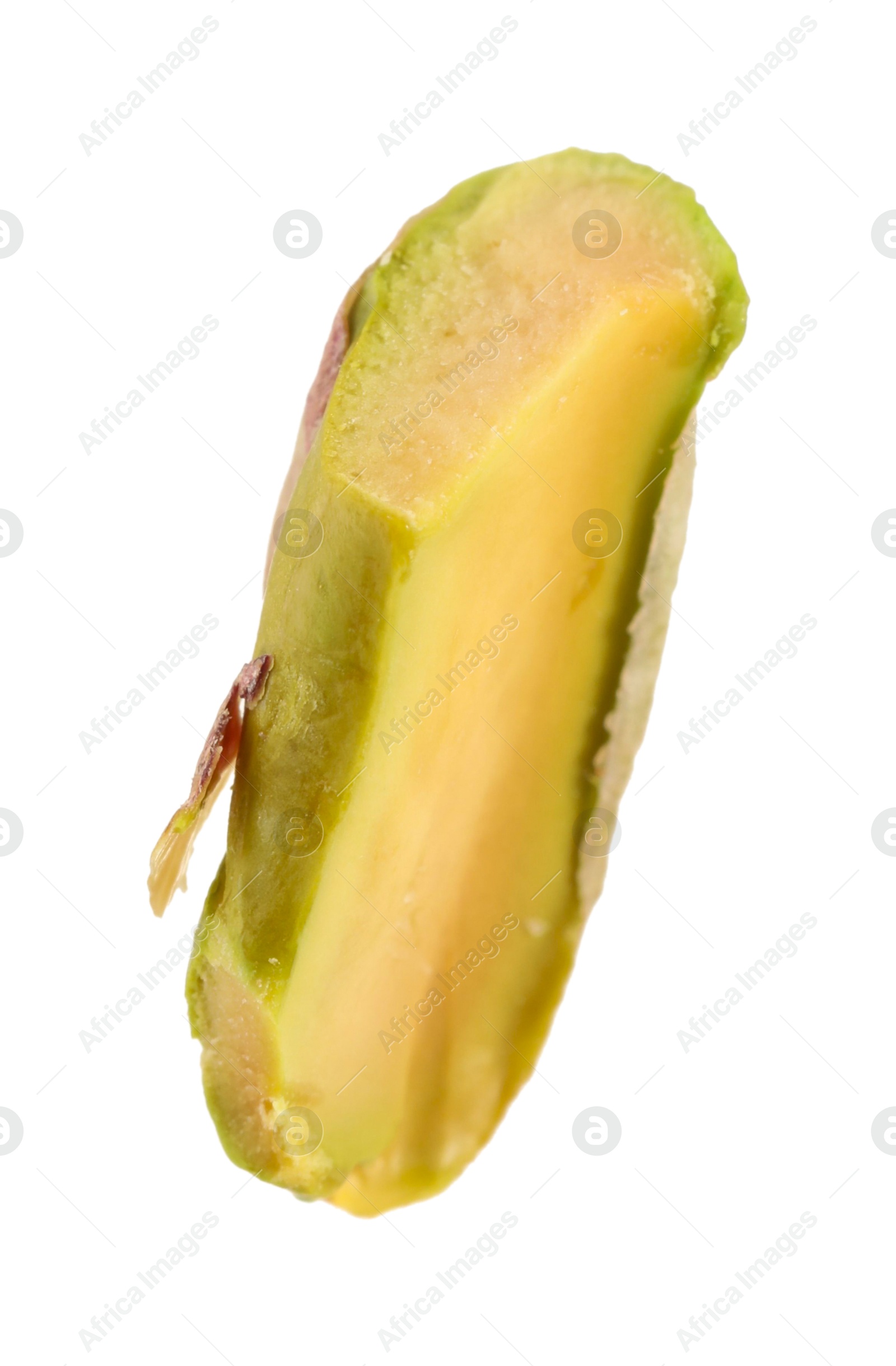 Photo of Half of peeled pistachio nut isolated on white