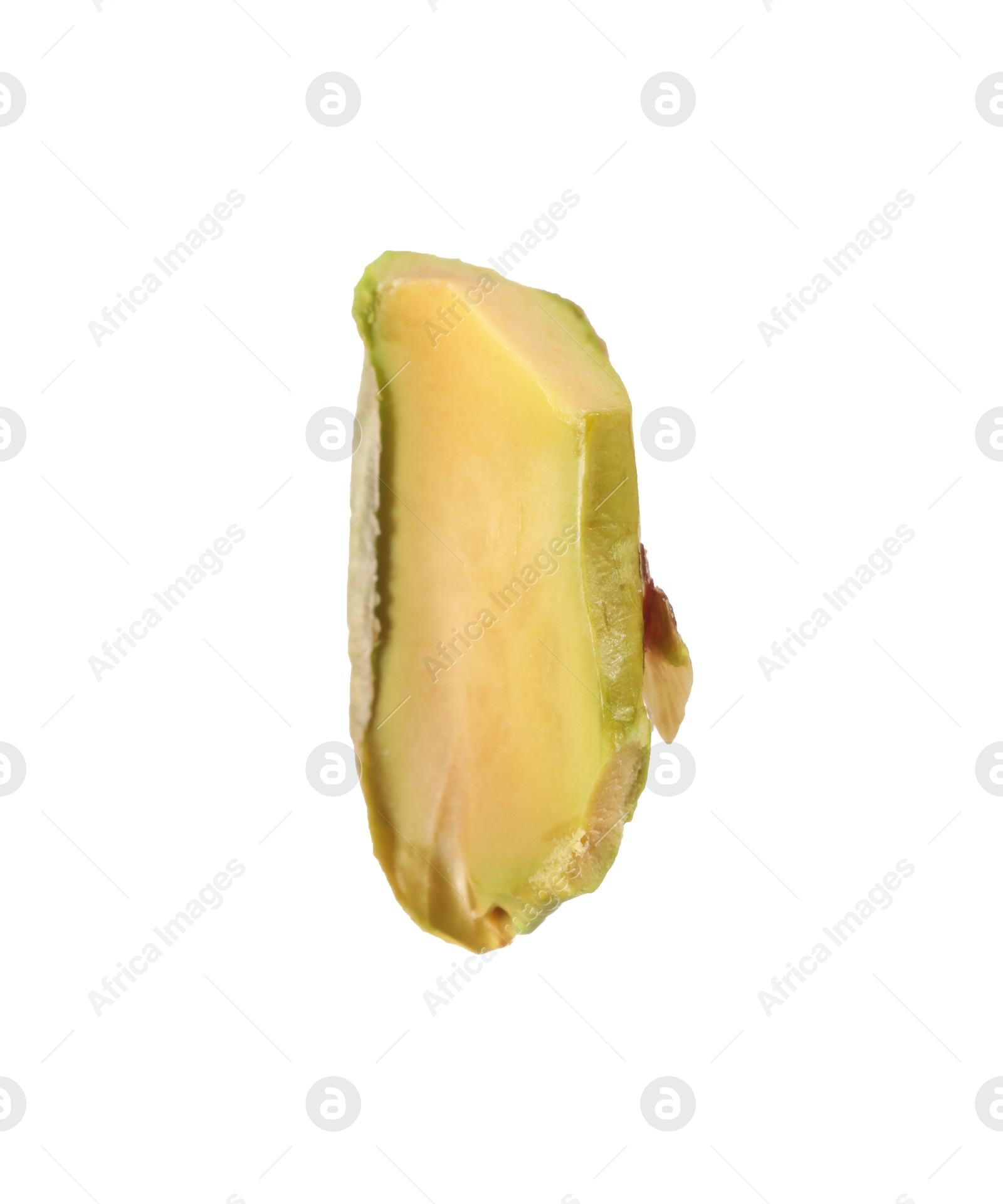 Photo of Half of peeled pistachio nut isolated on white