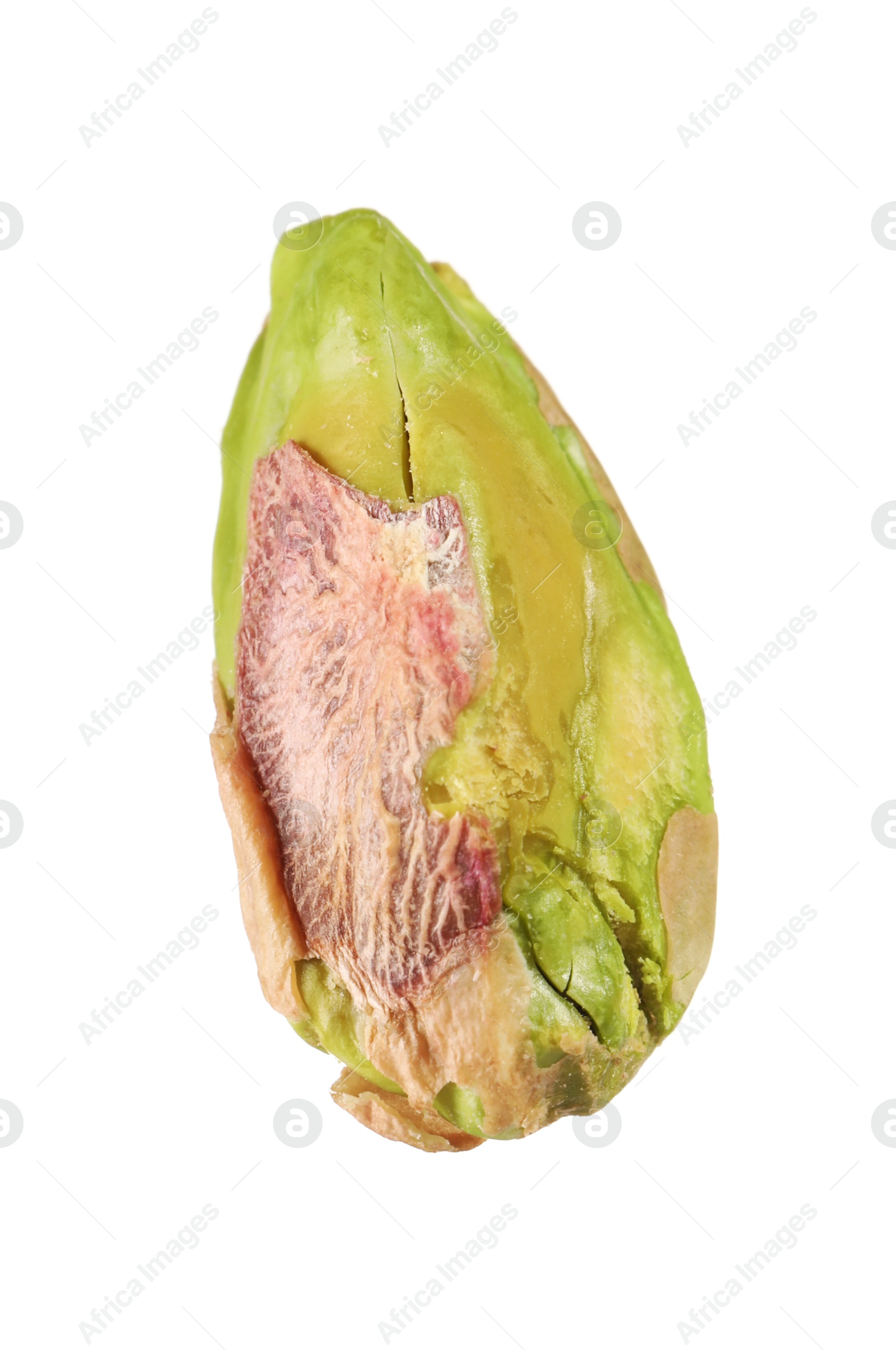 Photo of One peeled pistachio nut isolated on white