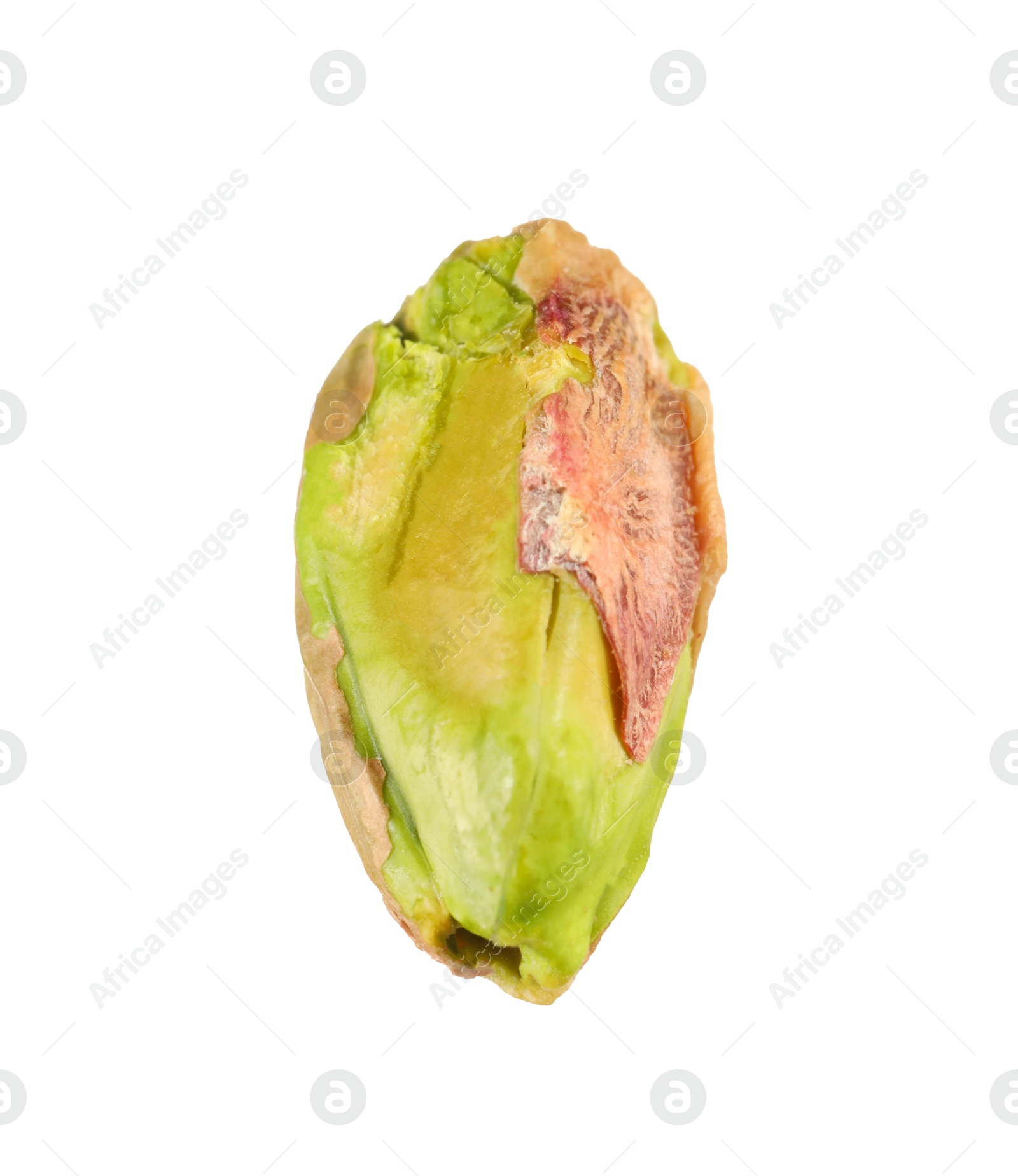 Photo of One peeled pistachio nut isolated on white