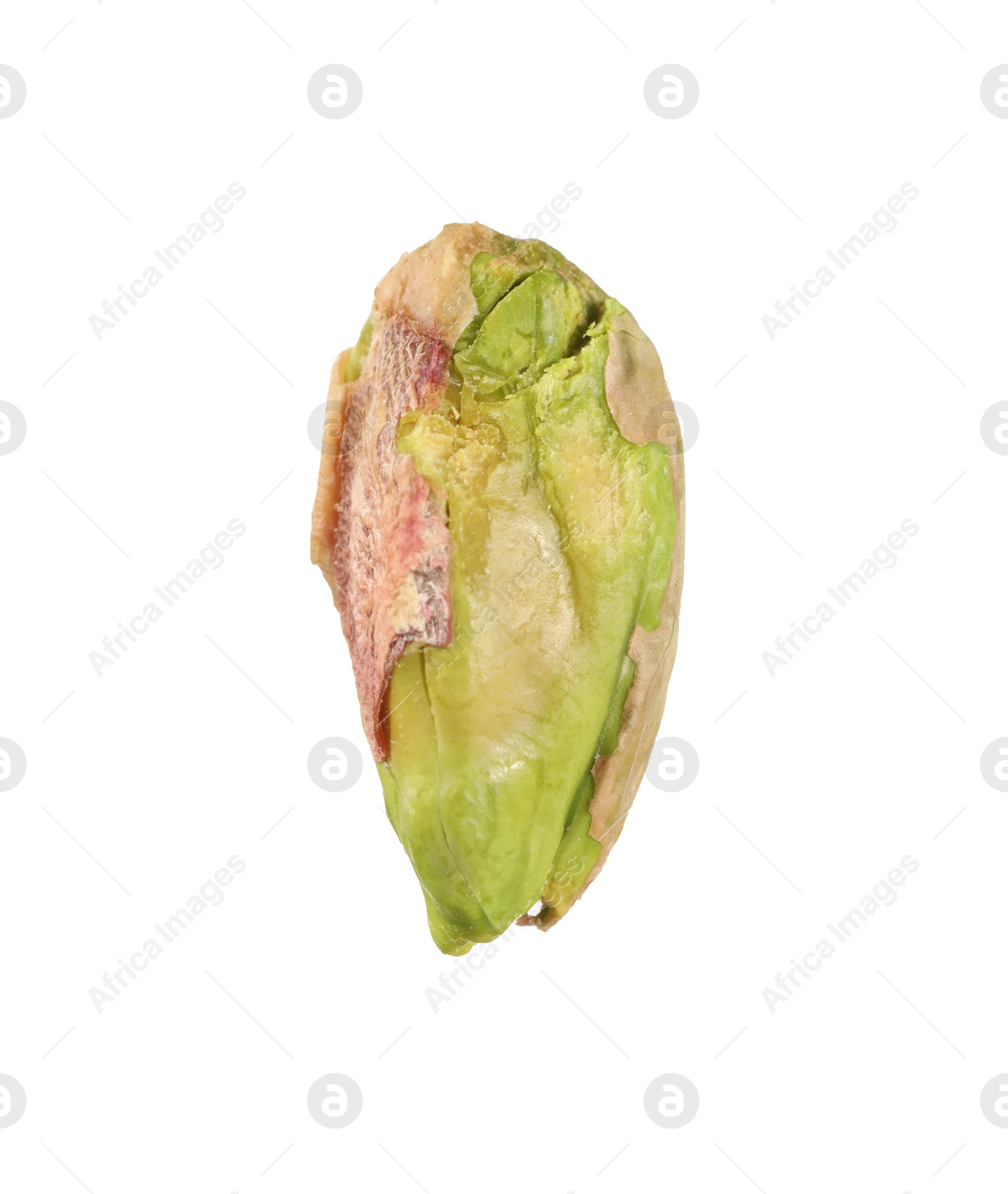 Photo of One peeled pistachio nut isolated on white