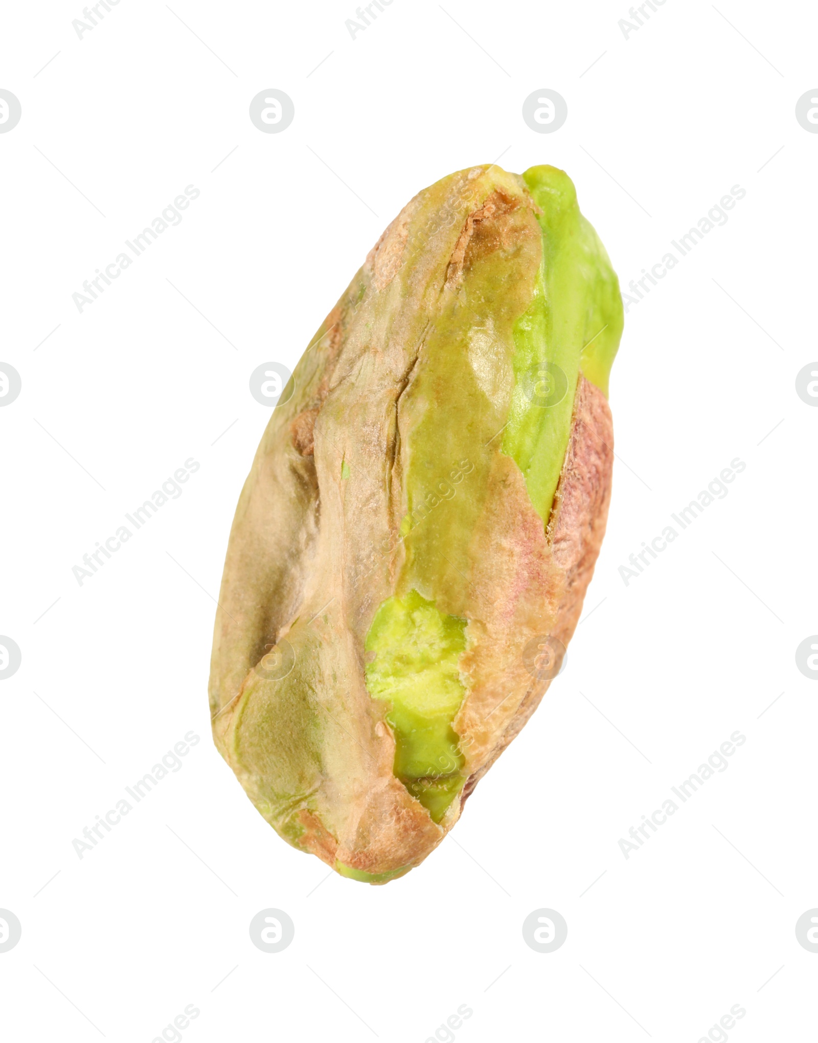 Photo of One peeled pistachio nut isolated on white