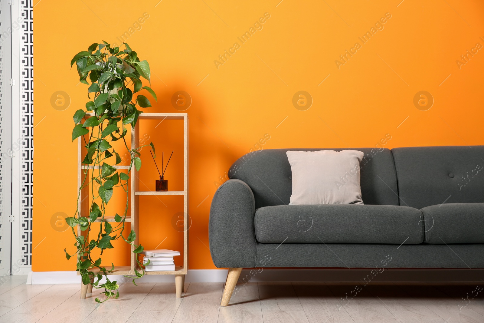 Photo of Stylish sofa, pillow and shelving unit with decor near orange wall indoors