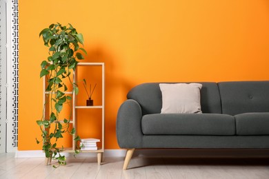 Photo of Stylish sofa, pillow and shelving unit with decor near orange wall indoors