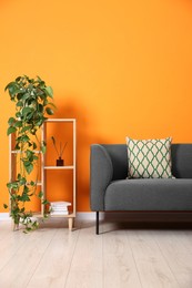 Photo of Stylish sofa, pillow and shelving unit with decor near orange wall indoors