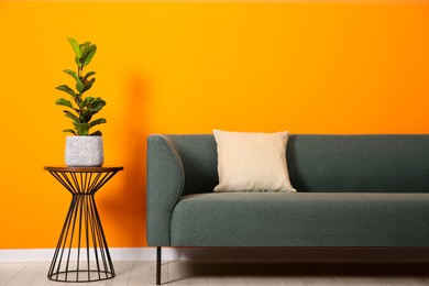 Photo of Stylish sofa, pillow and side table with houseplant near orange wall indoors