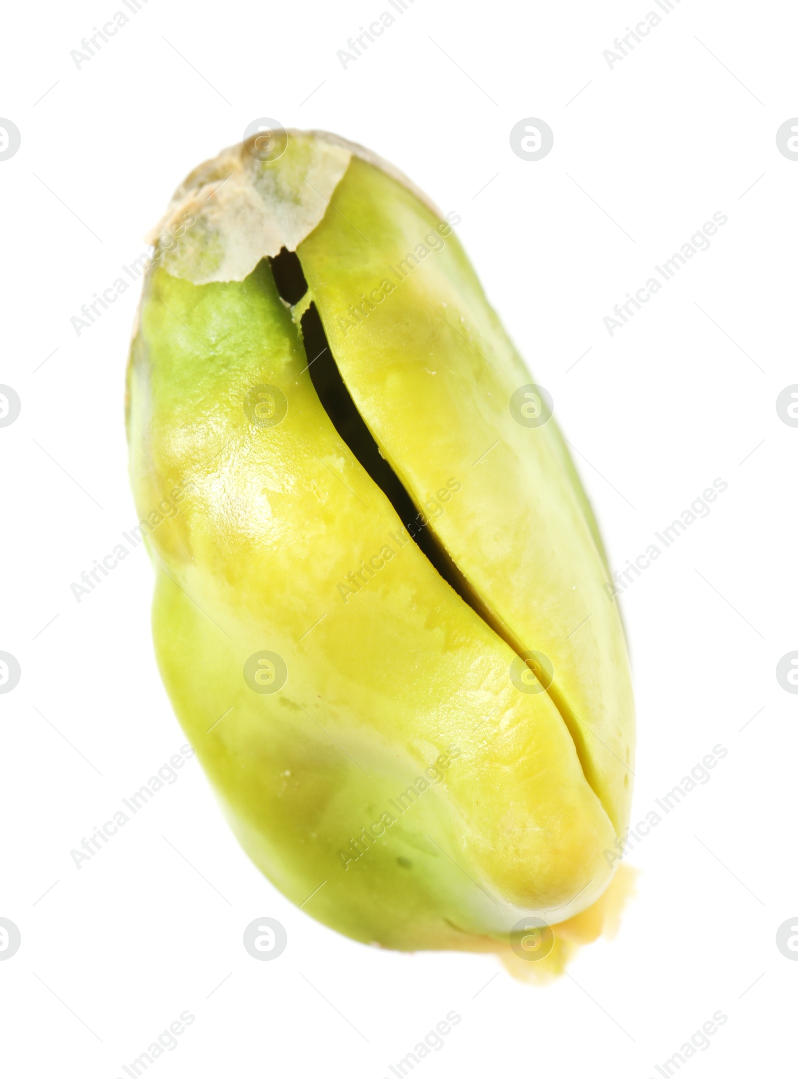 Photo of One peeled pistachio nut isolated on white