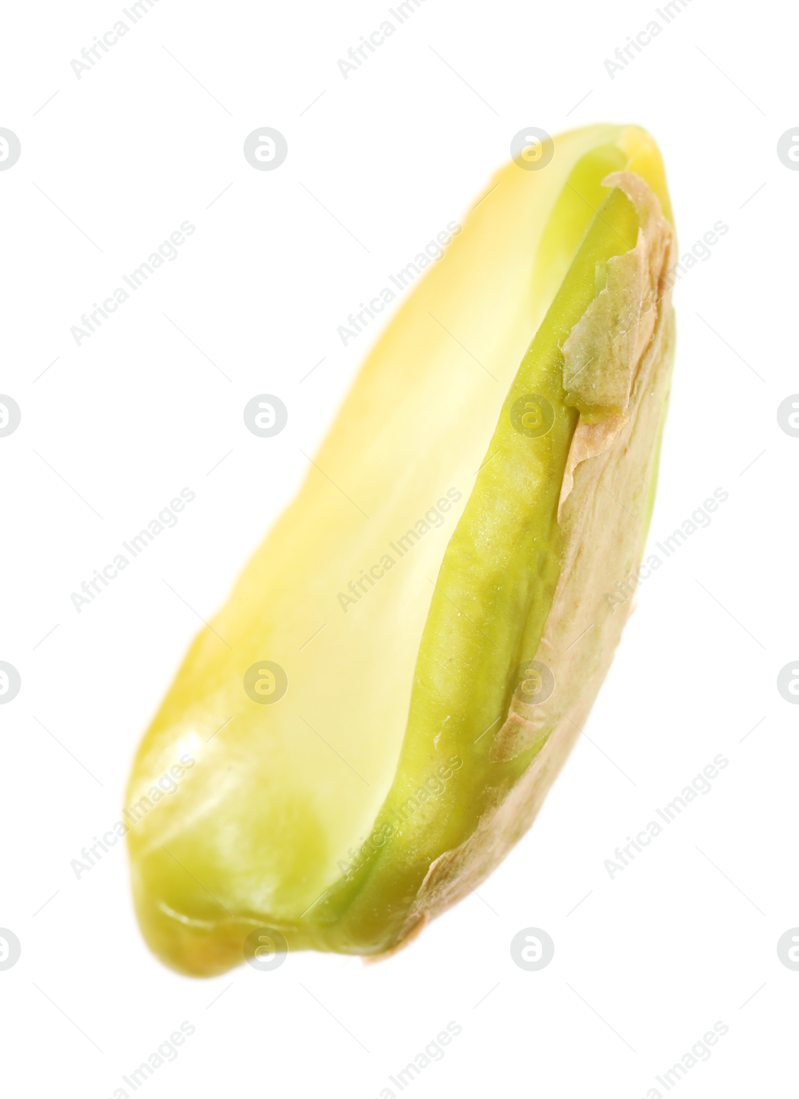 Photo of Half of peeled pistachio nut isolated on white