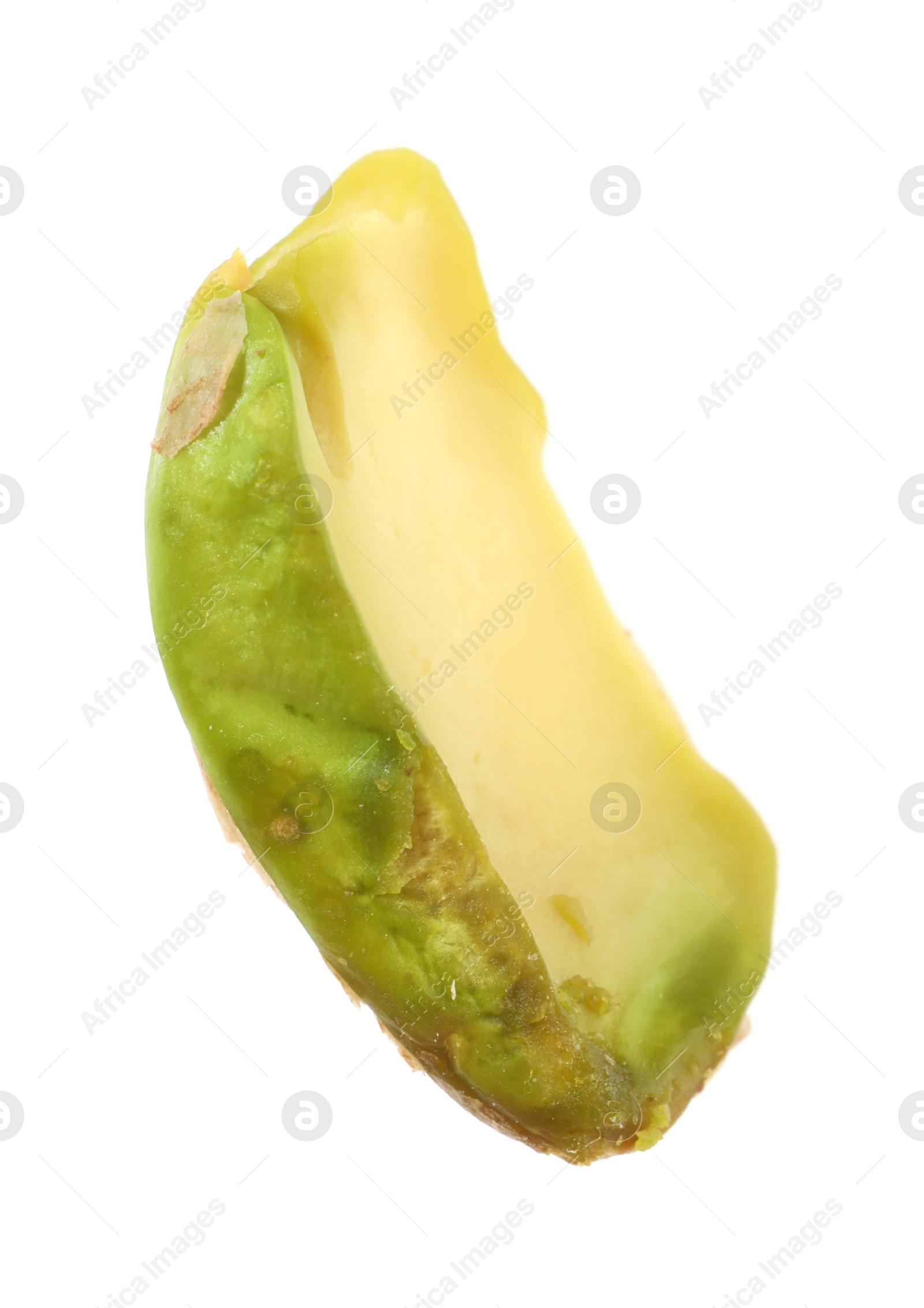 Photo of Half of peeled pistachio nut isolated on white