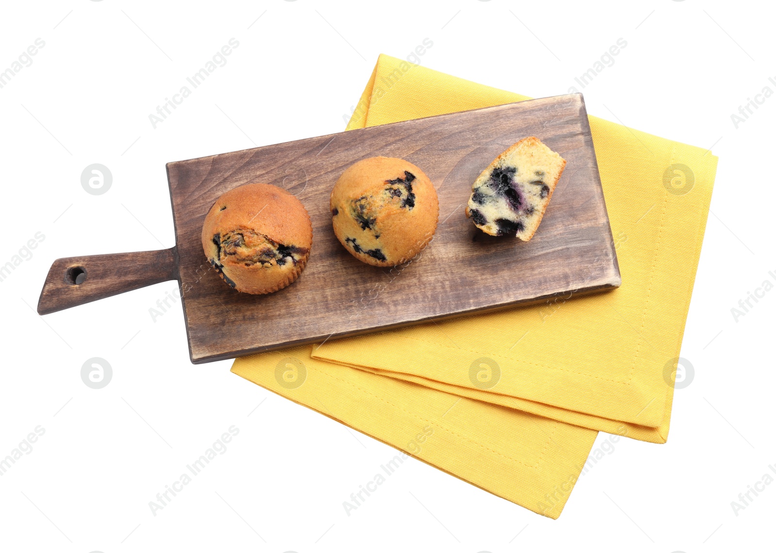 Photo of Delicious sweet muffins with blueberry isolated on white, top view