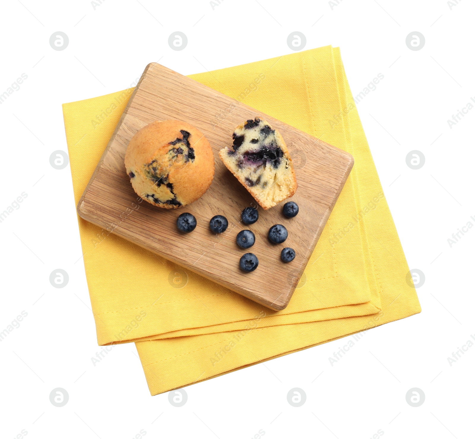 Photo of Delicious sweet muffins with blueberries isolated on white, top view