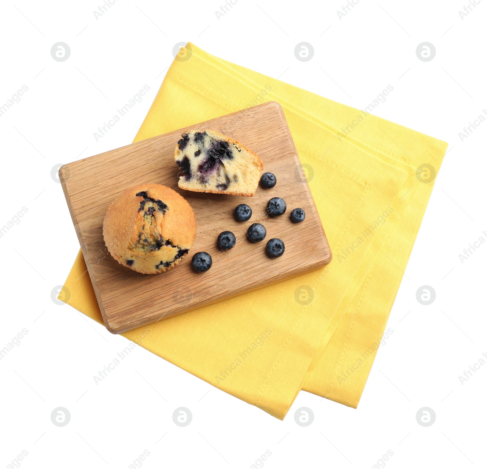 Photo of Delicious sweet muffins with blueberries isolated on white, top view