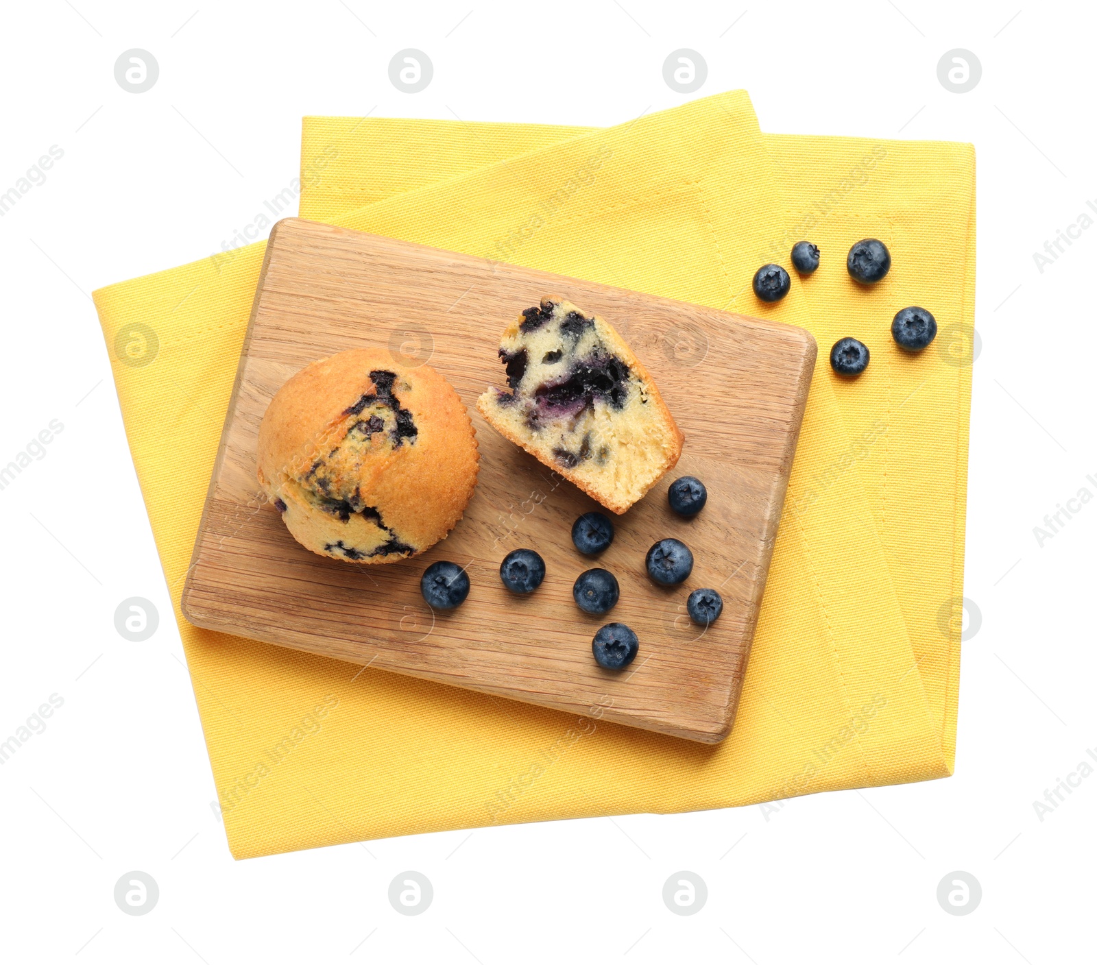 Photo of Delicious sweet muffins with blueberries isolated on white, top view