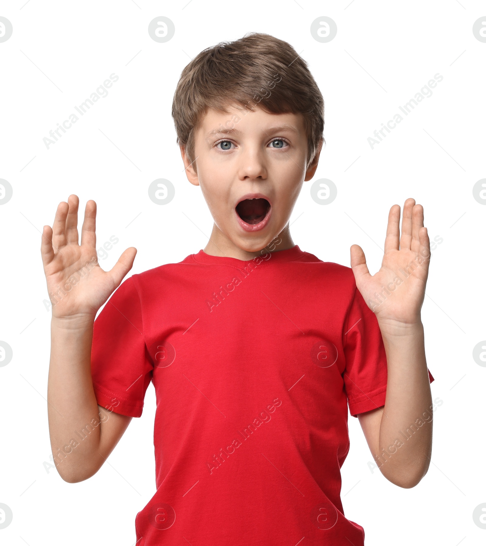 Photo of Portrait of scared little boy on white background