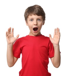 Portrait of scared little boy on white background