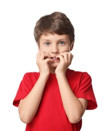 Photo of Portrait of scared little boy on white background