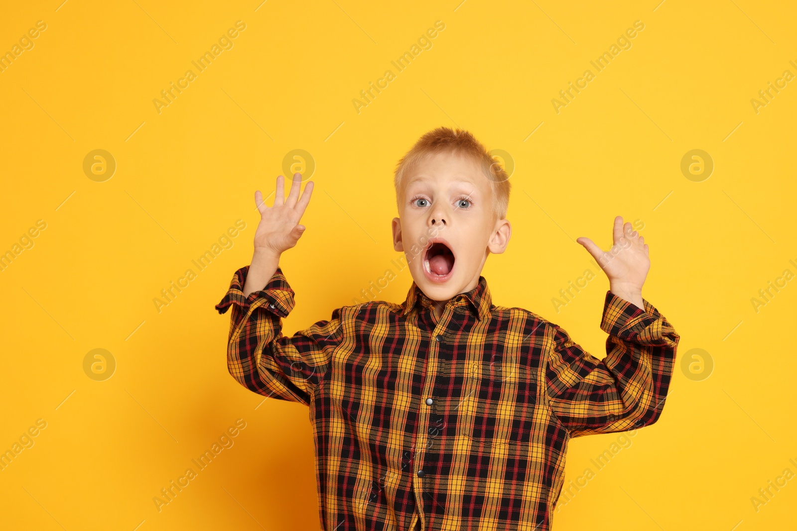 Photo of Scared little boy screaming on orange background. Space for text