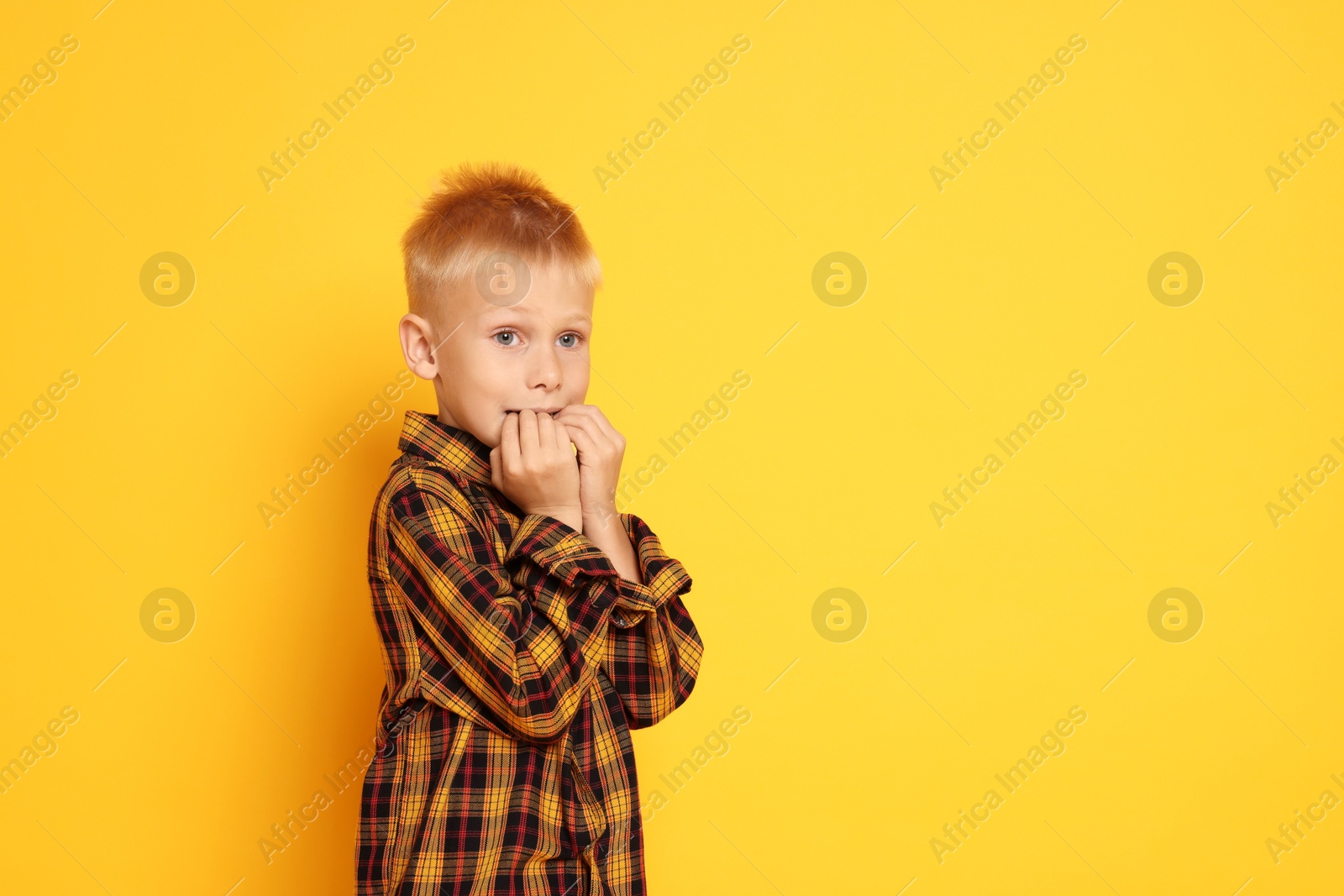 Photo of Scared little boy on orange background. Space for text