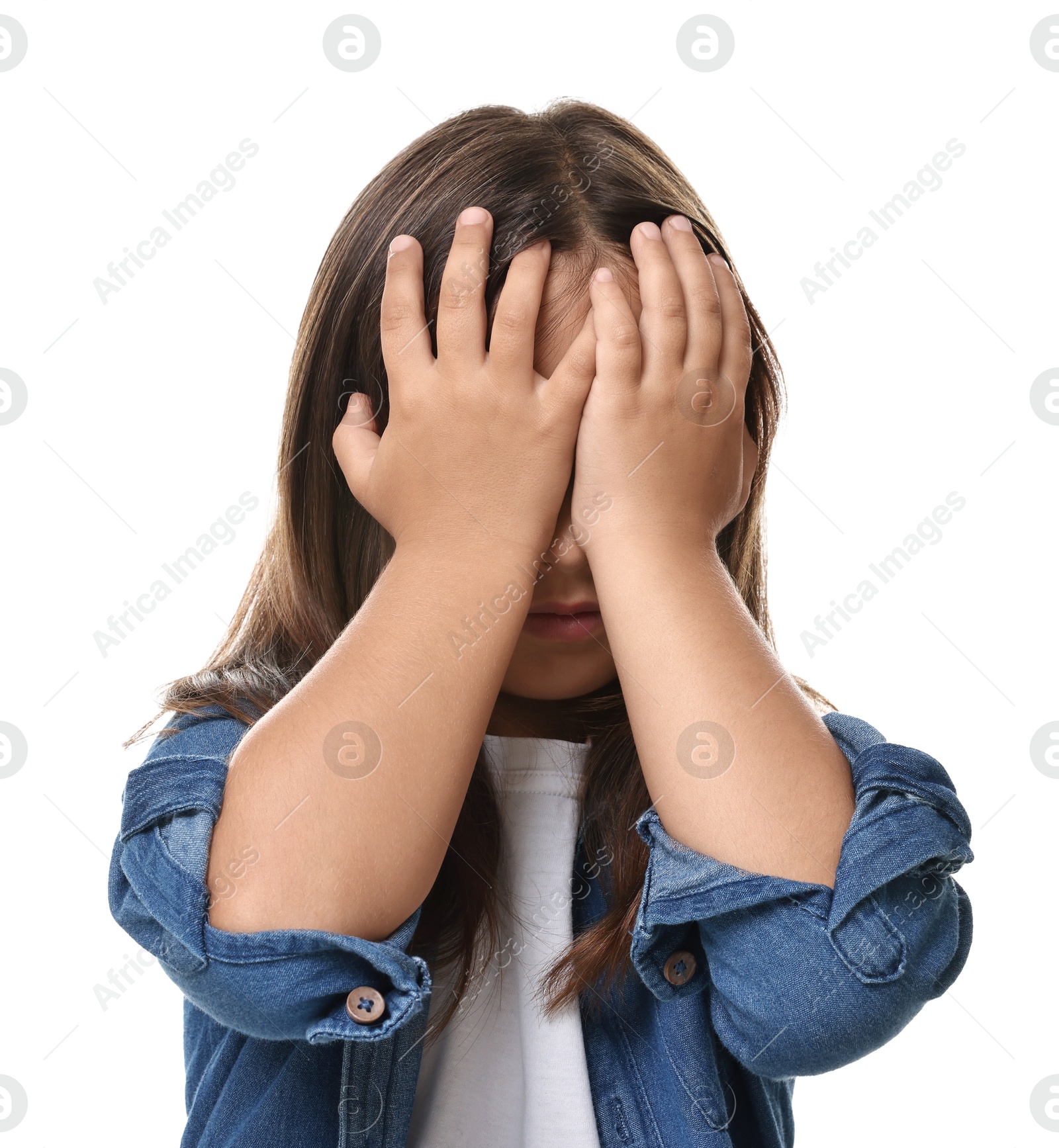 Photo of Scared little girl covering face with hands on white background