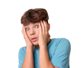 Photo of Portrait of scared teenage boy on white background