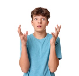 Portrait of scared teenage boy on white background