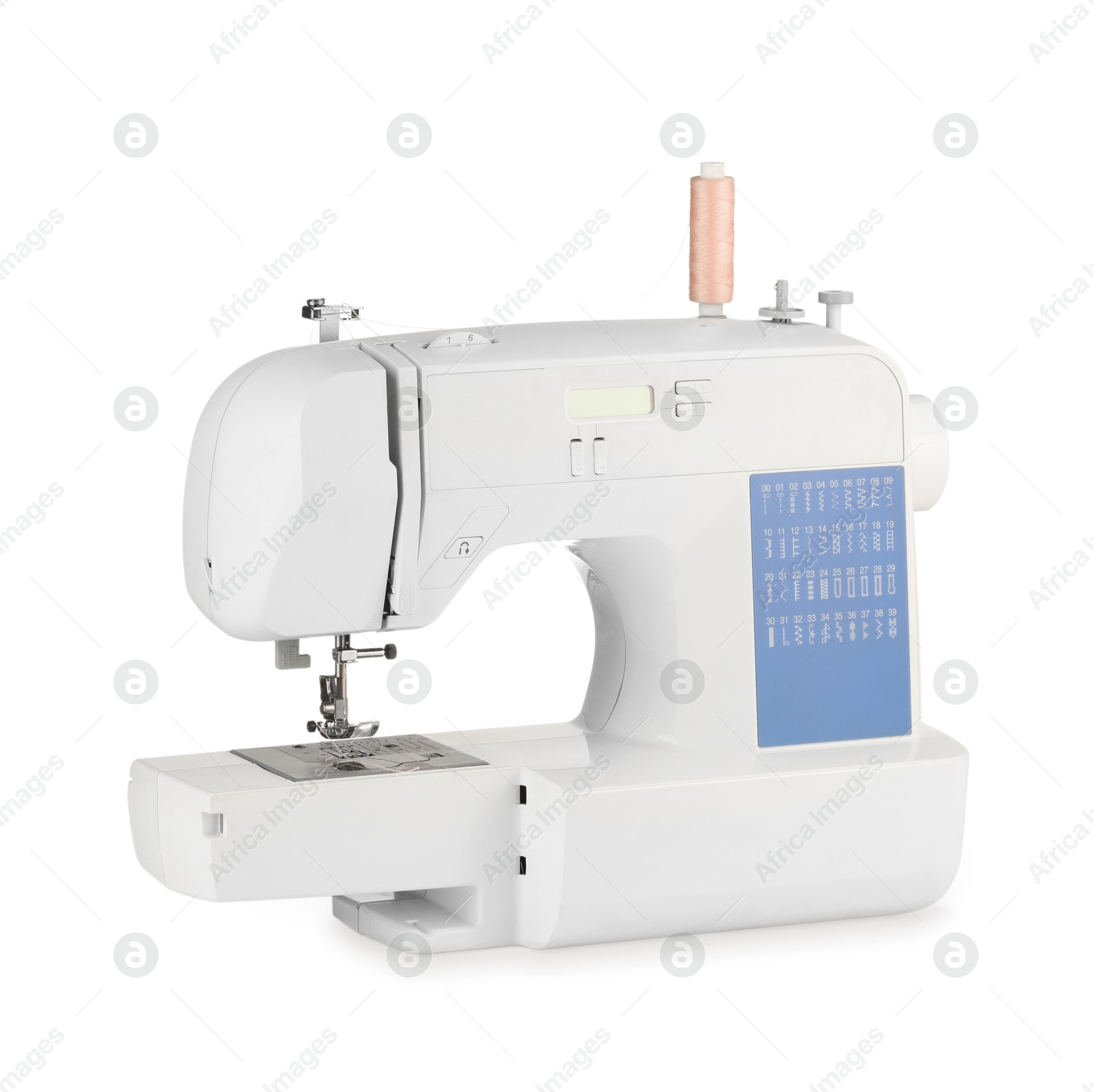 Photo of One modern sewing machine isolated on white