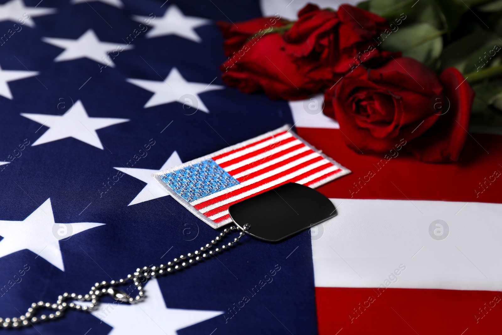 Photo of Veterans day. USA army patch, American flag, roses and token, closeup