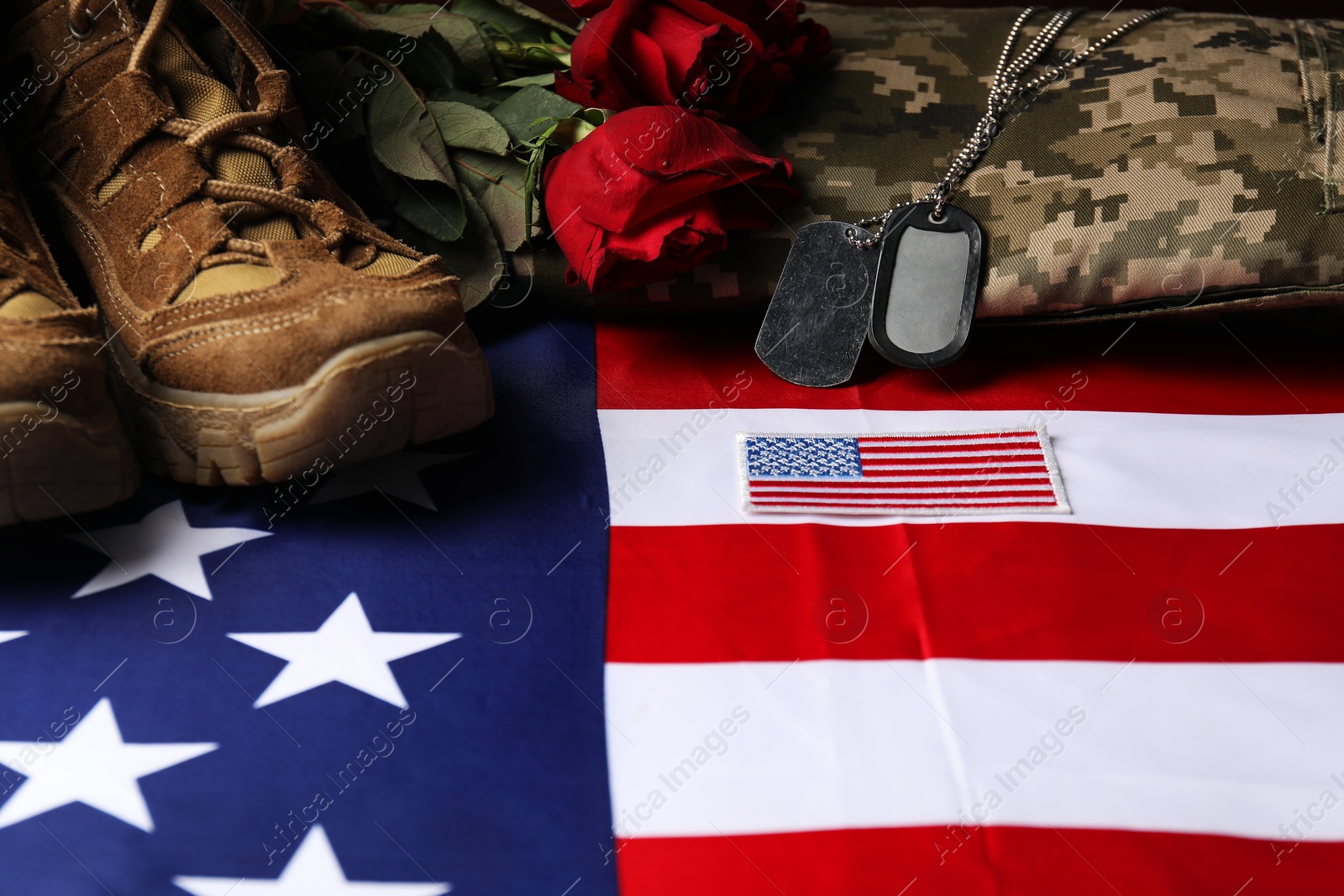 Photo of Veterans day. USA army patch, tokens, American flag, roses and military uniform, closeup