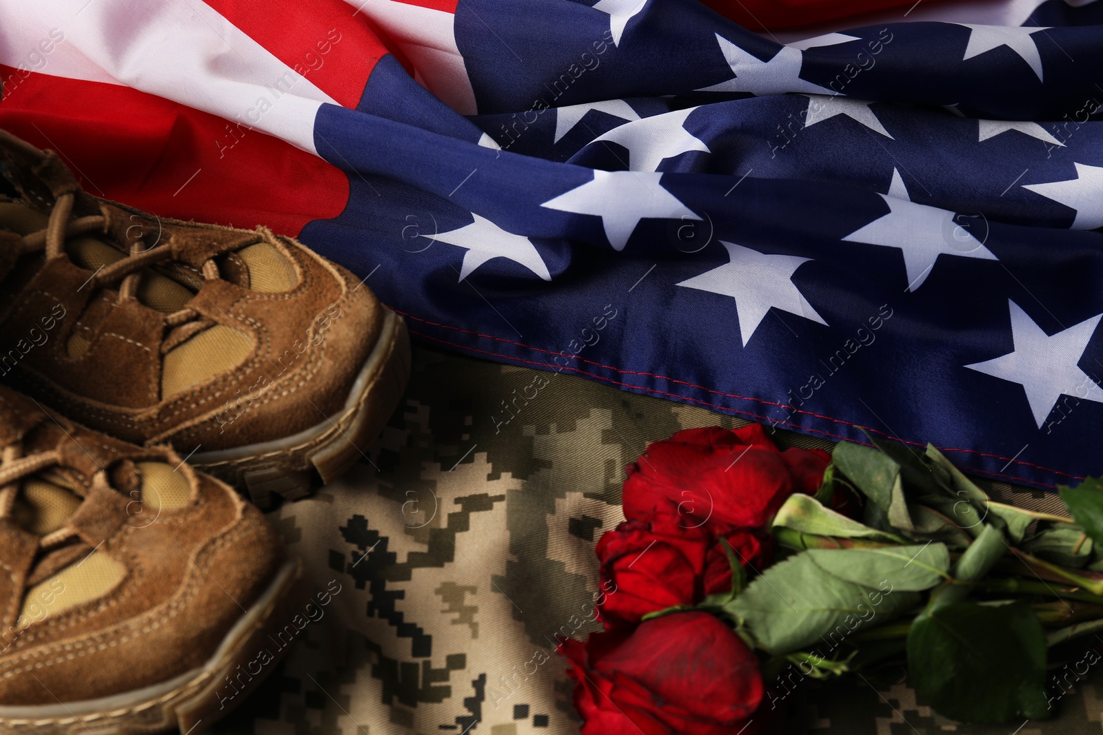 Photo of Veterans day. American flag, roses and military uniform, closeup