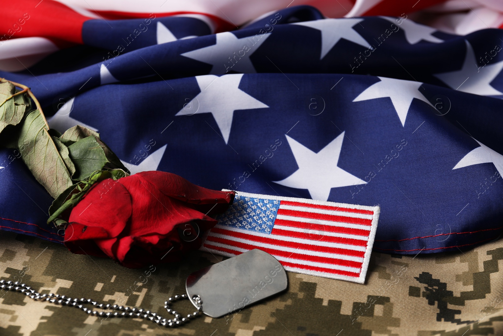 Photo of Veterans day. USA army patch, American flag, rose and military uniform, closeup