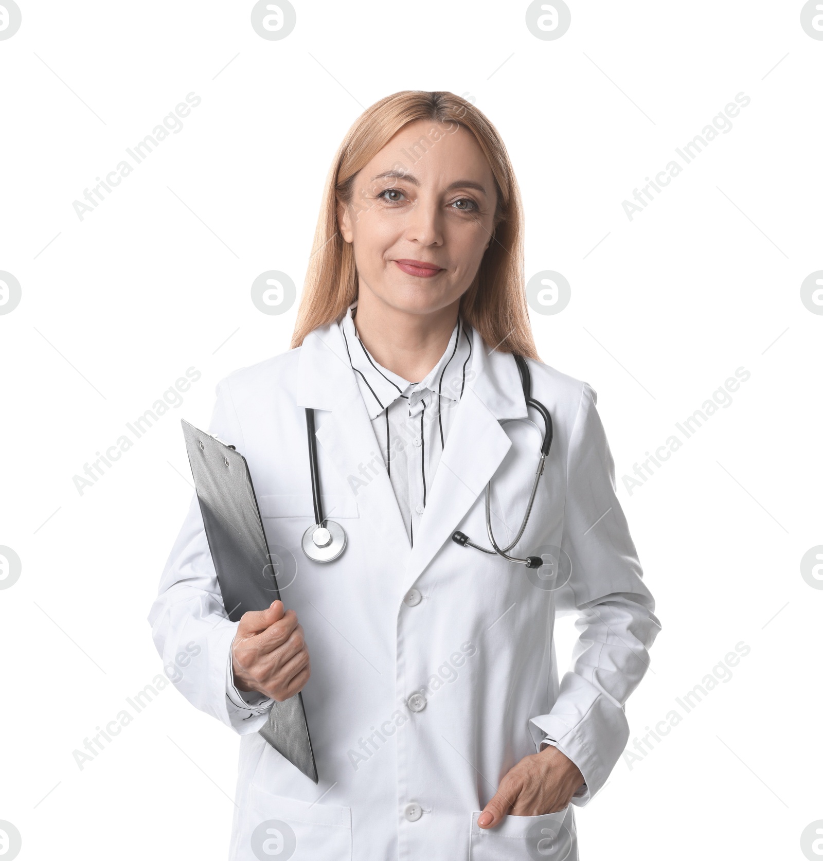 Photo of Doctor with stethoscope and clipboard on white background