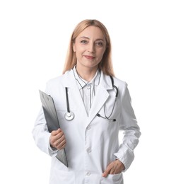 Photo of Doctor with stethoscope and clipboard on white background