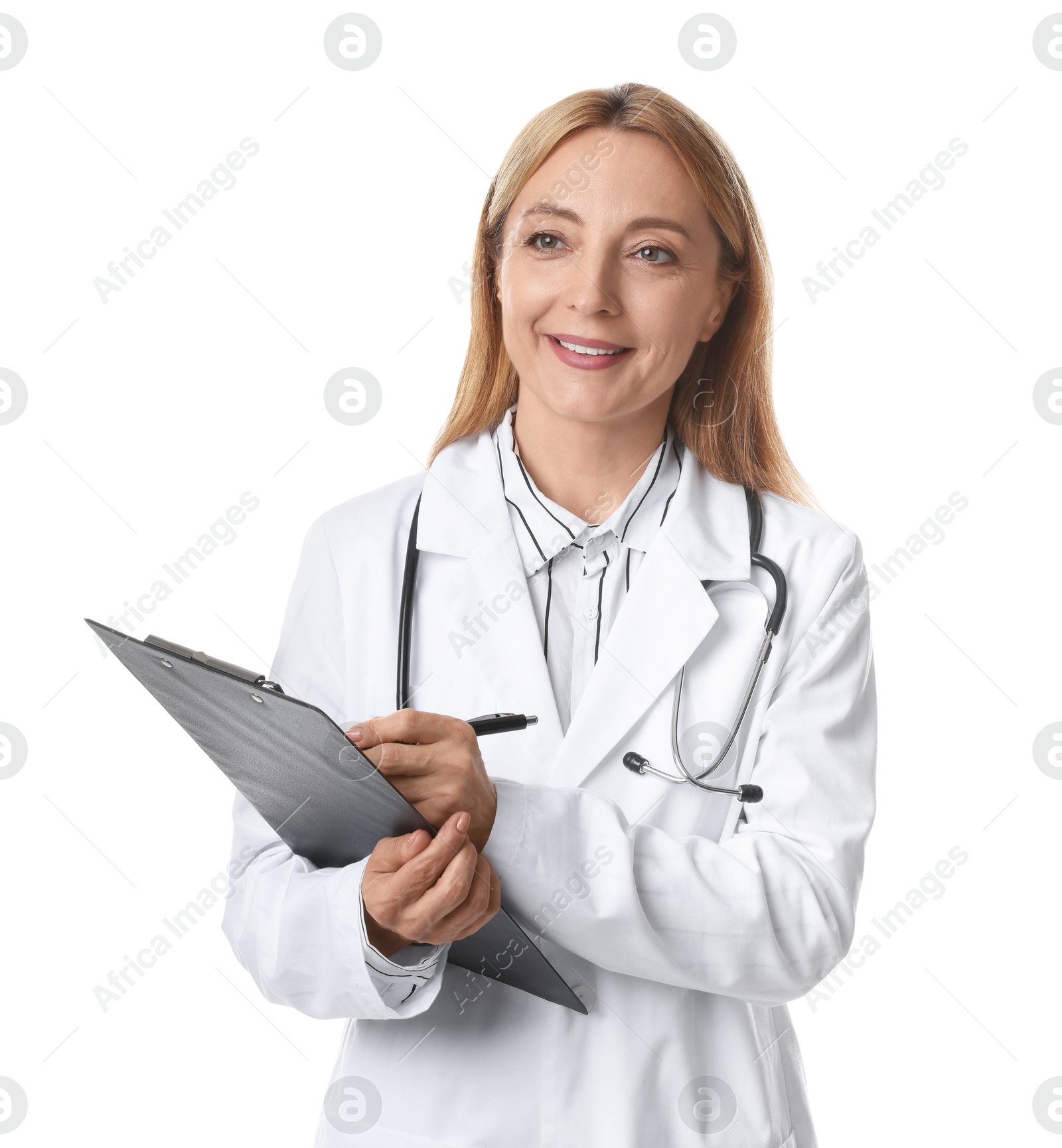 Photo of Doctor with stethoscope and clipboard writing notes on white background